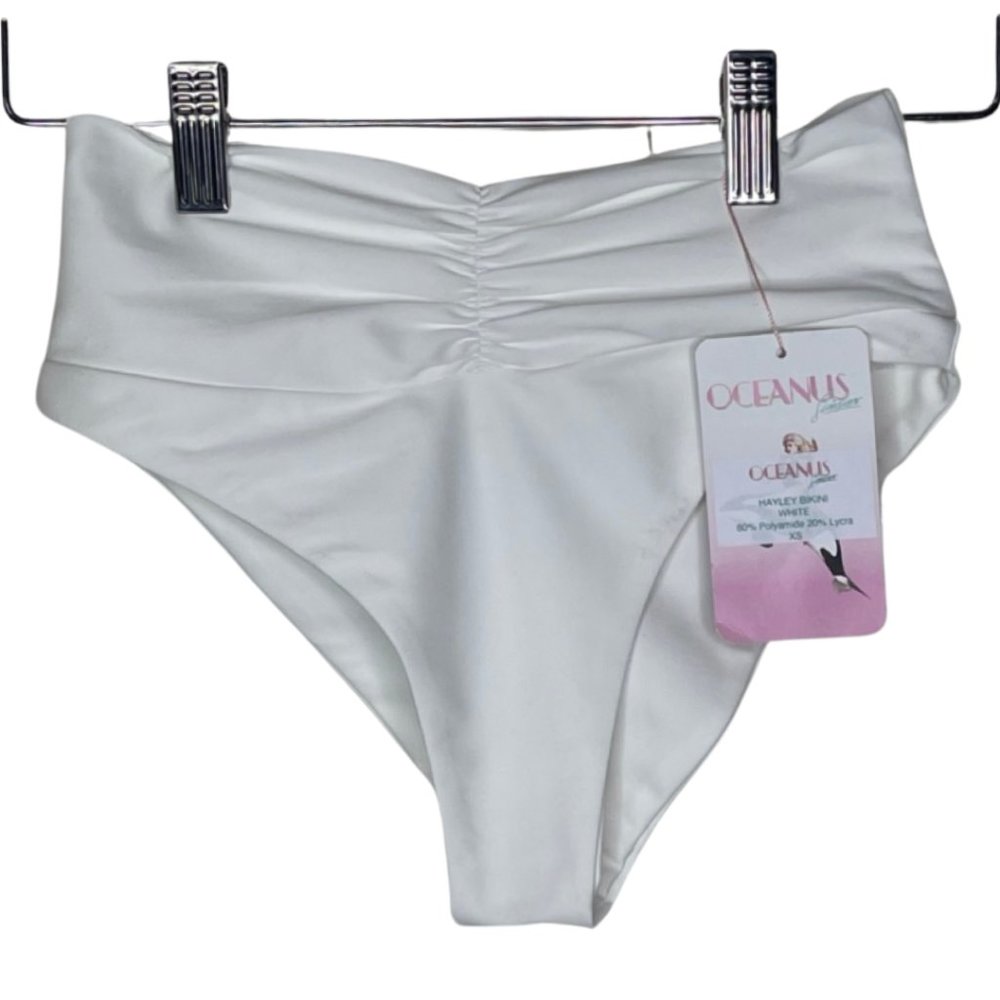 OCEANUS | NWT Hayley Swim High Waist Ruched Bottoms White | Size XS - Picture 2 of 8